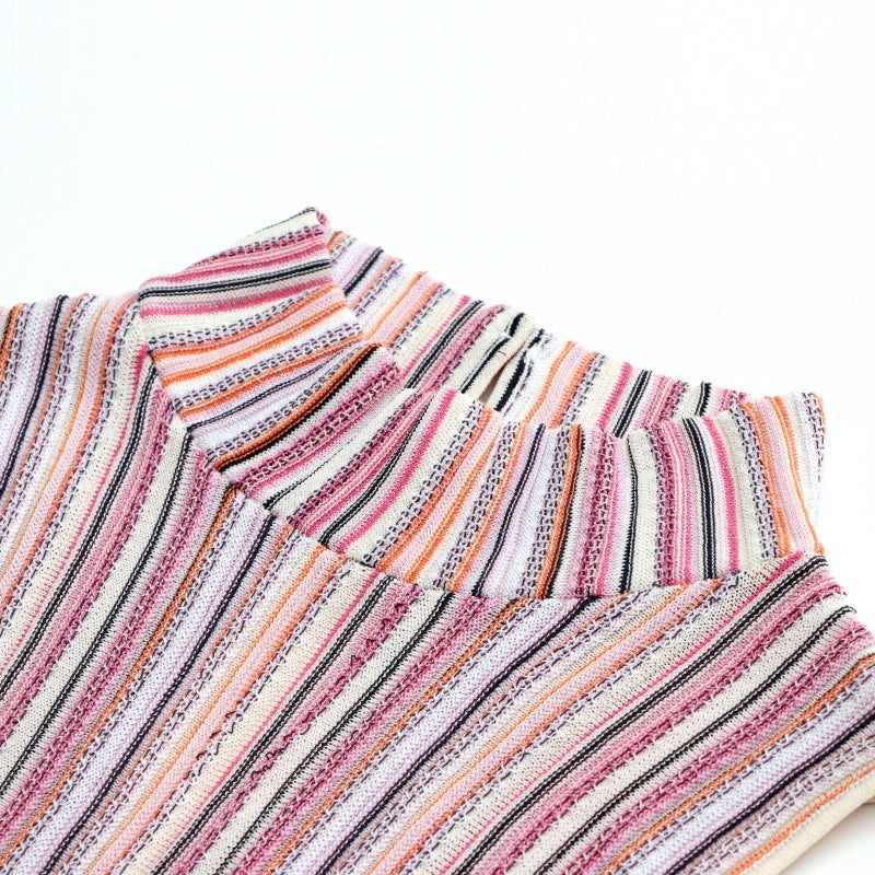 Sophisticated Italian-style striped knit dress with a round neckline, sleeveless, mid-length, high quality