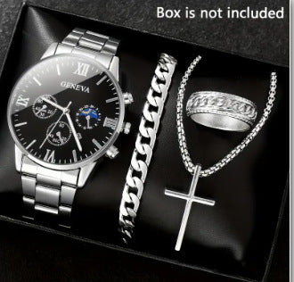 Fashionable and casual business watch+versatile cross steel strap necklace bracelet set with large dial without gift box