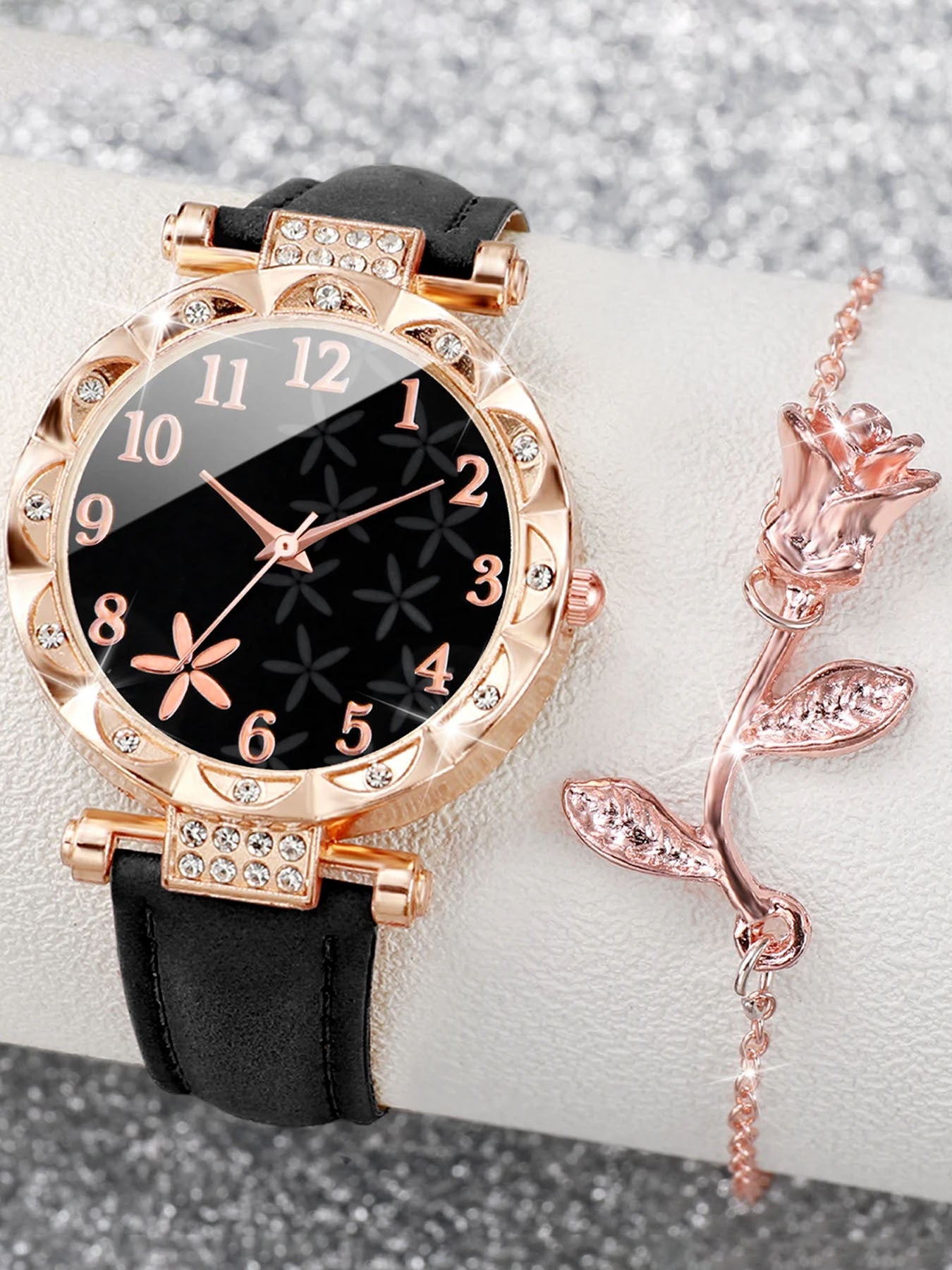 Minimalist quartz watch starfish belt+rose necklace, niche high-end temperament two-piece set