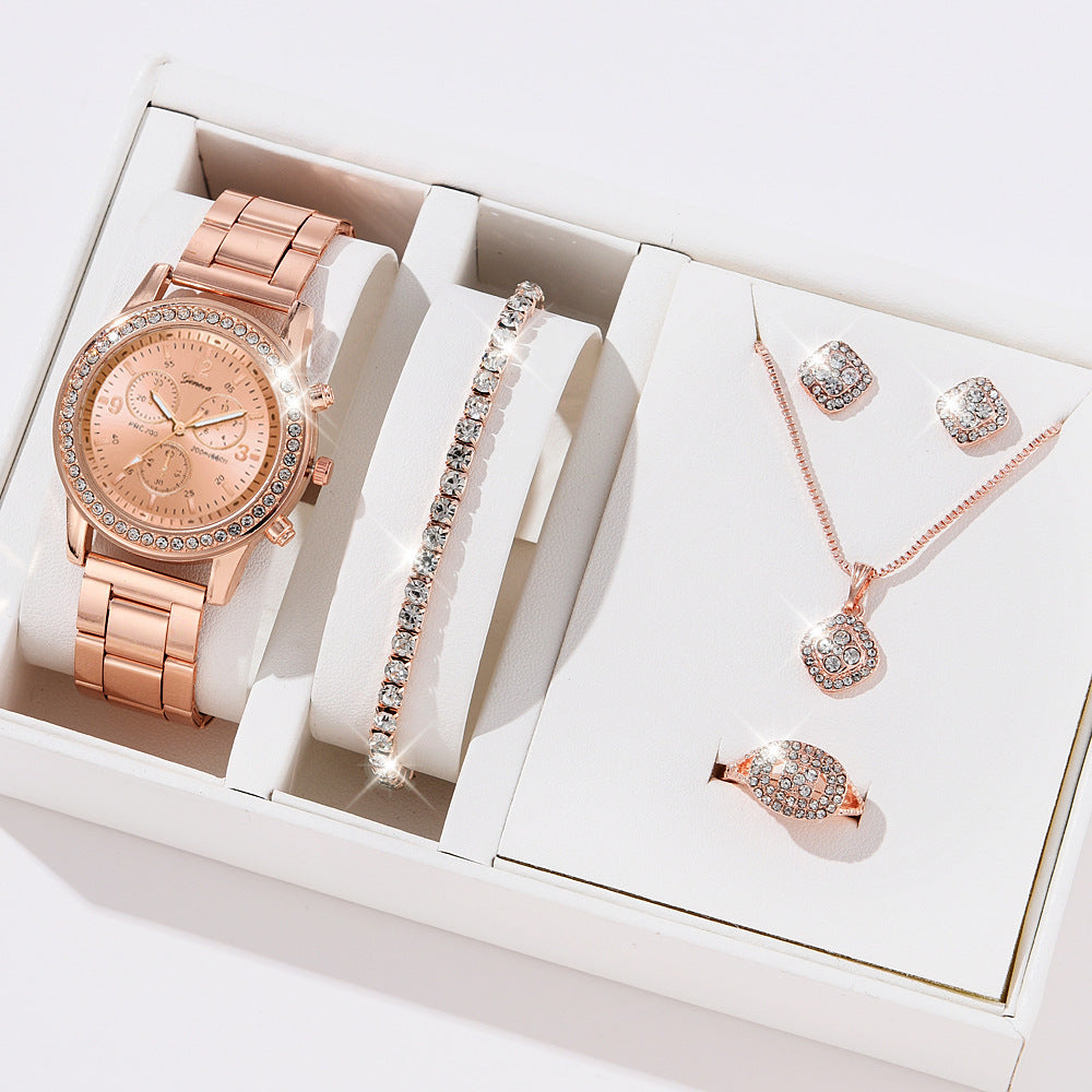 Foreign trade steel strip women's watch Geneva fake three eyed women's casual Korean necklace bracelet ring quartz watch set