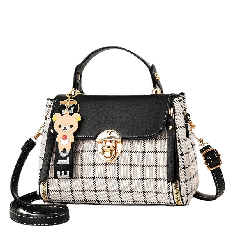 2025 new plaid contrasting color women's hand-held small square bag, cute pendant, sweet single shoulder crossbody bag, one piece hair replacement