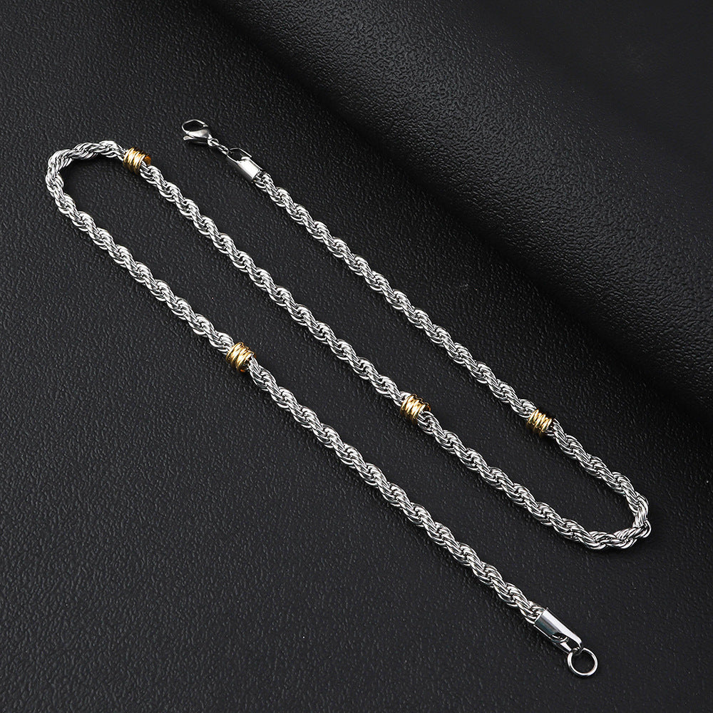 Cross border stainless steel Fried Dough Twists chain string gold bead necklace titanium steel long necklace men's simple 5.0mm Fried Dough Twists bracelet