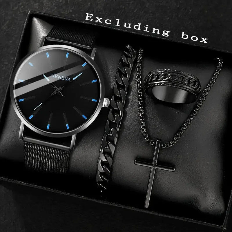 Fashionable and casual business watch+versatile cross steel strap necklace bracelet set with large dial without gift box