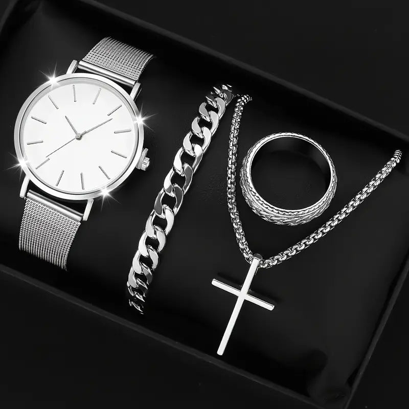 Men's 4-piece luxury stainless steel quartz watch with calendar, gold cross necklace, bracelet and ring