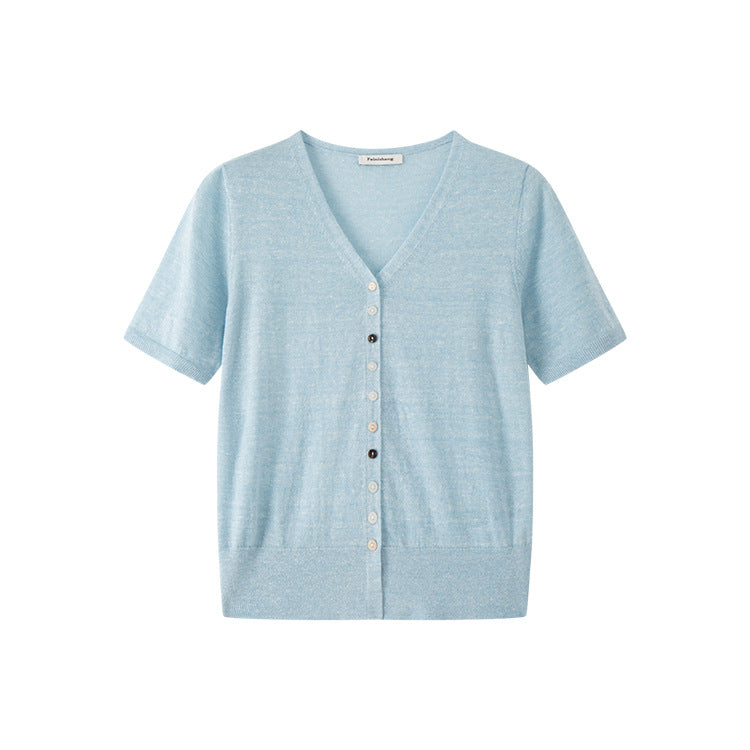 Lightweight wool and linen knit sweater with V-neck, short sleeves, and high-quality buttons