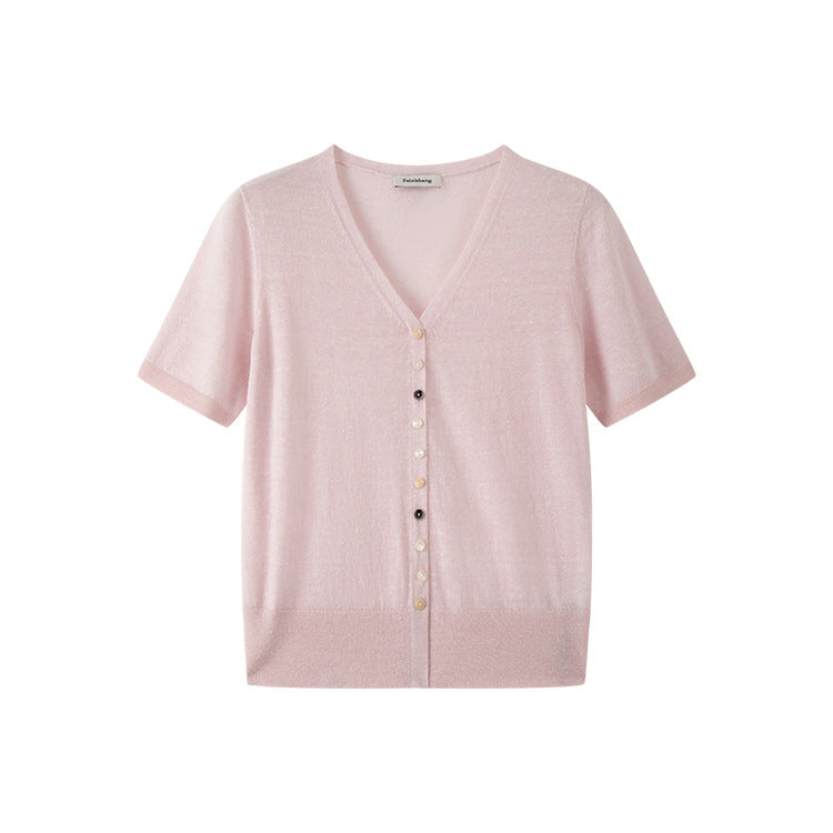 Lightweight wool and linen knit sweater with V-neck, short sleeves, and high-quality buttons