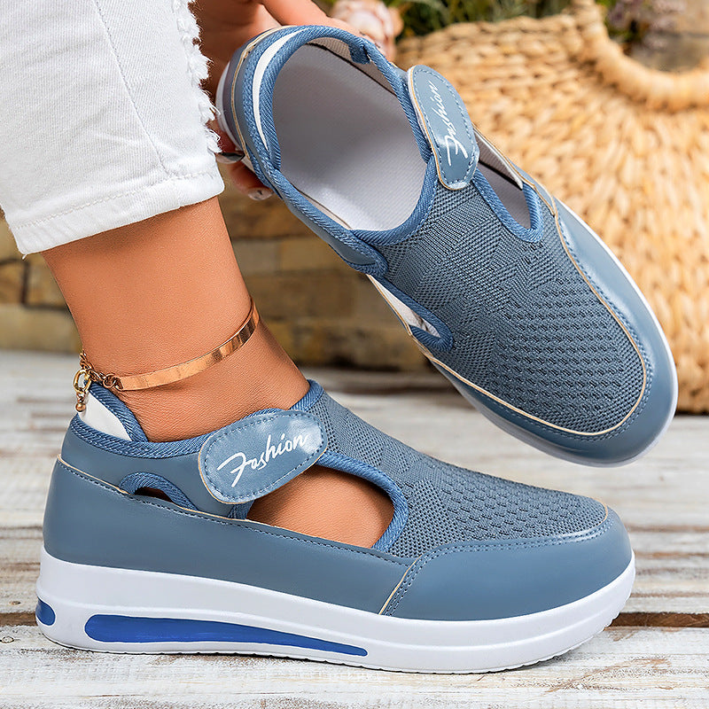 Shoes, women's shoes, versatile cross-border stock, plus size casual shoes, fly woven wedge heels, thick soled shoes, Velcro mesh single shoes