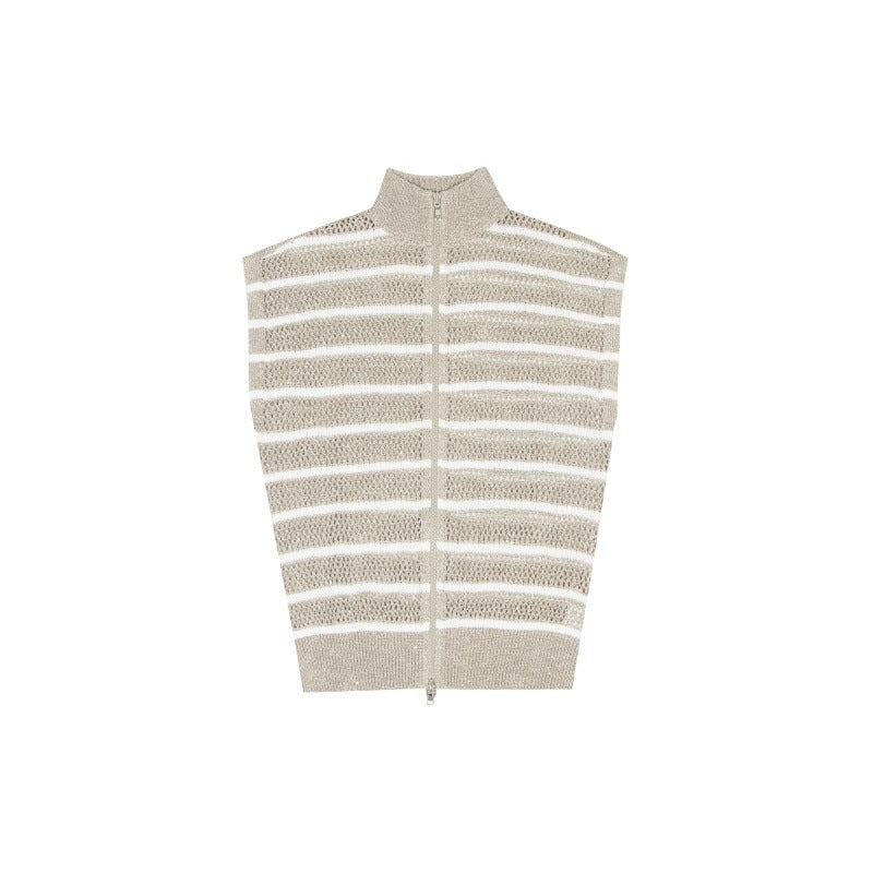 Striped knit shirt with high collar, sleeveless, made of linen and cotton with zipper