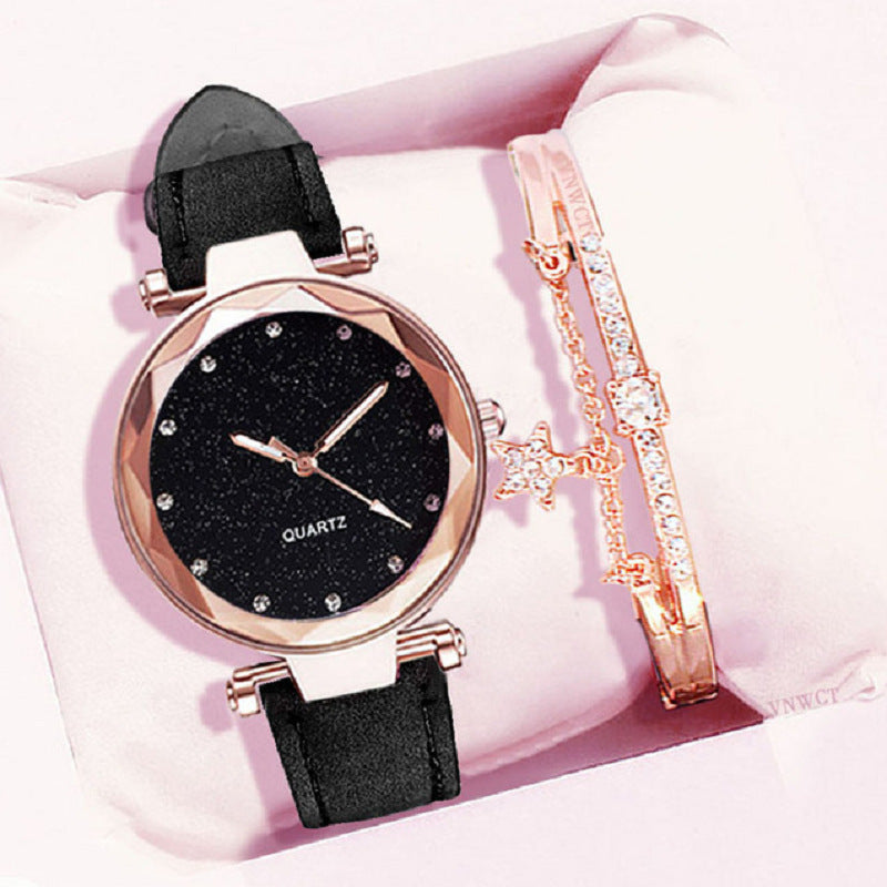 Hot selling silver powder rhinestone face women's watch with frosted leather strap for women's casual trend two-piece set watch