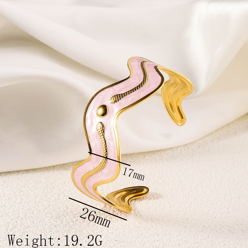 Cross border new stainless steel oil pressure painted open bracelet, exaggerated European and American women's plated 18K gold adjustable bracelet