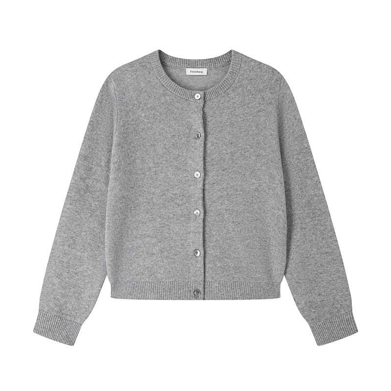 Stylish gray sweater with round neck, long sleeves, front buttons, and 100% high-quality wool