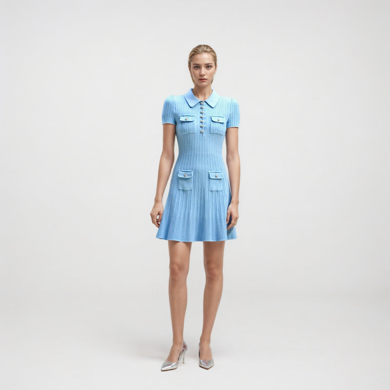 Elegant light blue dress with polo collar and short sleeves in high-quality ribbed knit fabric