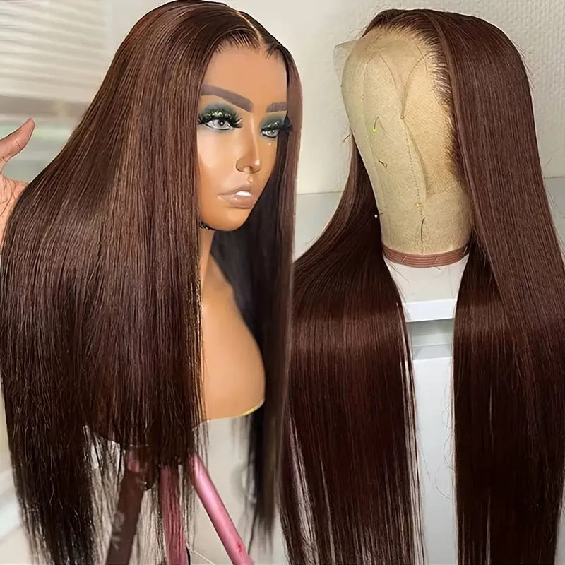 Cross border new product European and American fashion brown long straight hair hot selling, lace mid split long straight hair wig factory in stock