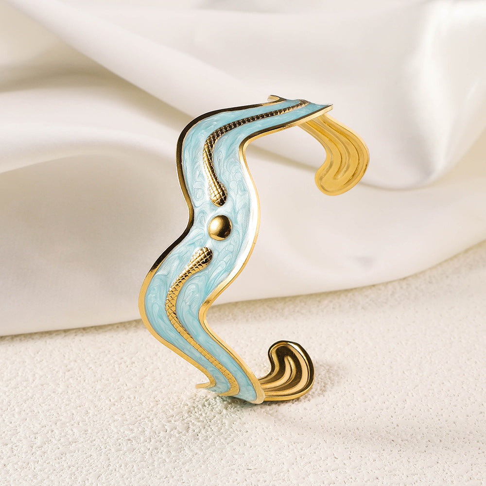 Cross border new stainless steel oil pressure painted open bracelet, exaggerated European and American women's plated 18K gold adjustable bracelet