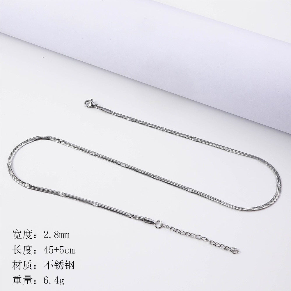 Cross border hot selling stainless steel embossed push button necklace for women, 18K real gold electroplated titanium steel batch flower push button chain in the furnace