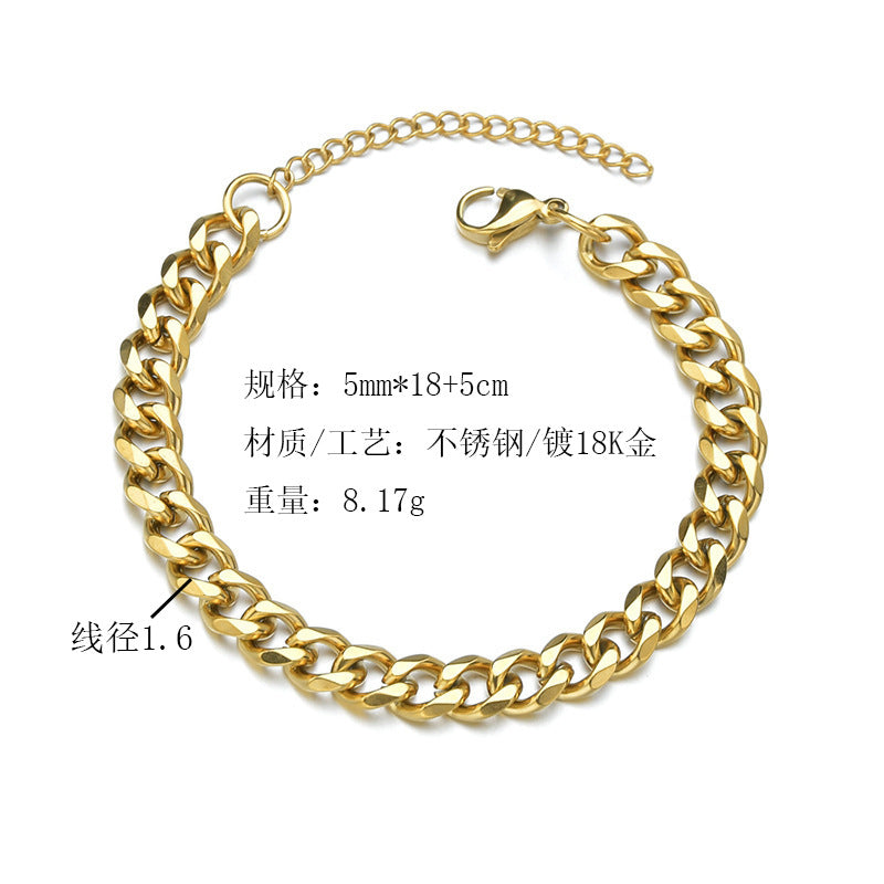Stainless Steel Six Side Grinding Bracelet Hot Sale Cross Border Male Fashion Simple Cuban Bracelet Gold Plated 18K Titanium Steel Bracelet