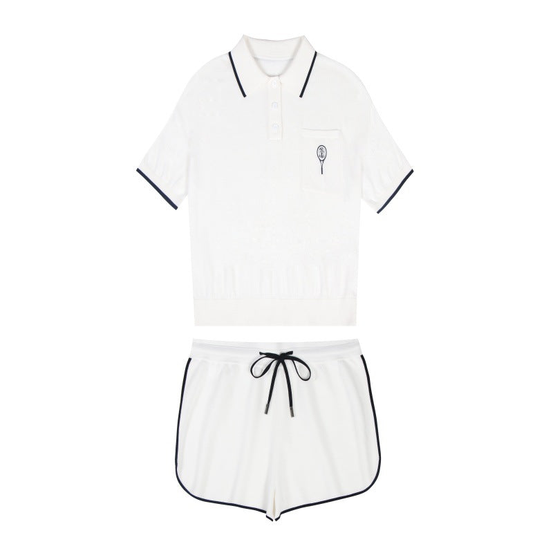 Vintage short-sleeved knit set with white collar and high waist, made from high-quality Tencel fabric