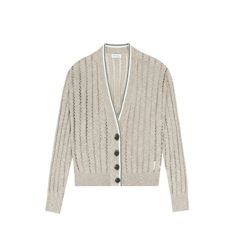 Elegant jacket with V-neckline, long sleeves, single buttons, high-quality linen-cotton embroidery