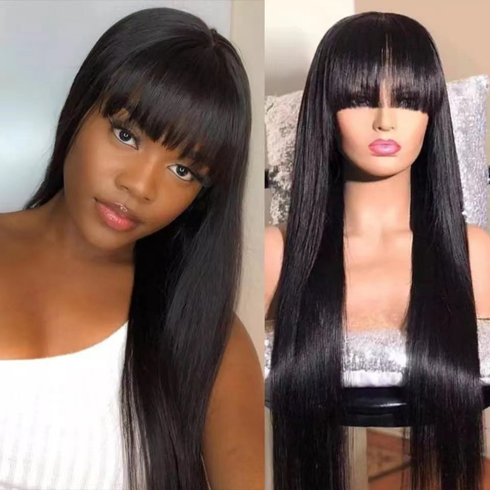 European and American new long straight hair, high-temperature silk, synthetic fiber mechanism headband, fashionable bangs, black long straight hair wholesale