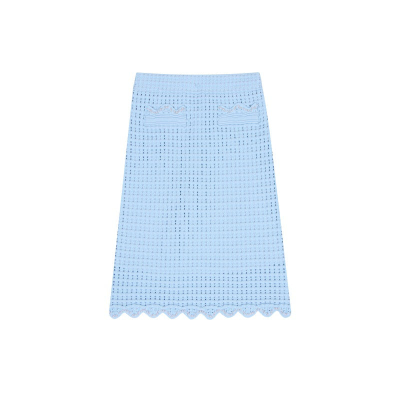 Short-sleeved knit set with lace, beads, and high-quality high-waisted skirt