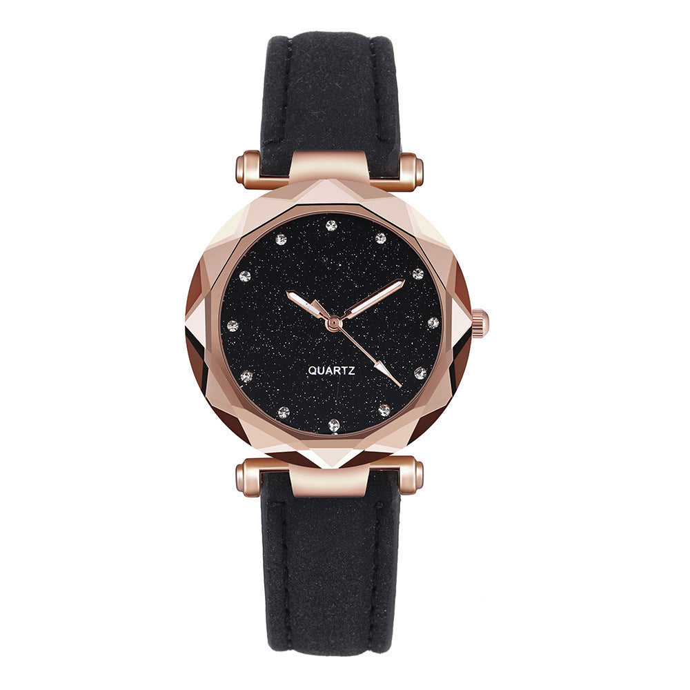 Hot selling silver powder rhinestone face women's watch with frosted leather strap for women's casual trend two-piece set watch