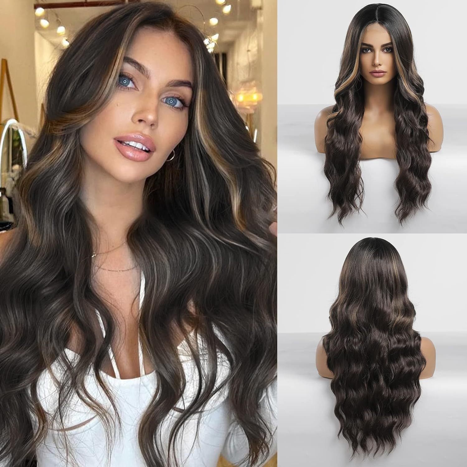 Amazon's new wig for women in Europe and America, front lace synthetic headband, small lace, medium split, long curly hair wigs