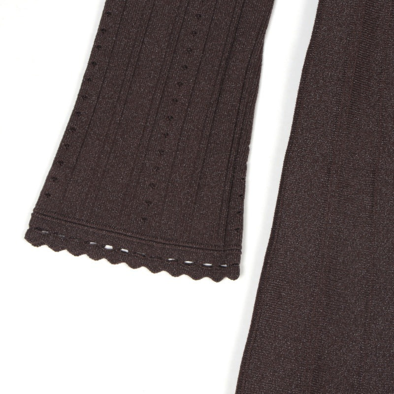 Elegant midi dress in knit fabric with a round neckline and long sleeves, embroidered with high-quality gold and silver thread