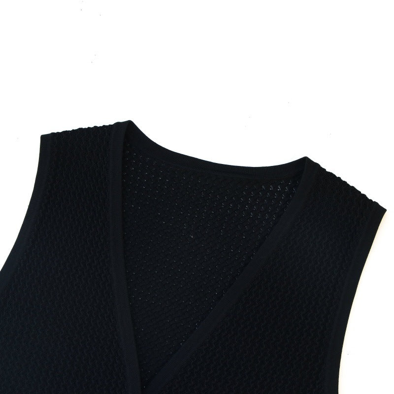 Elegant black set featuring a V-neck knit top and high-quality long high-waisted skirt