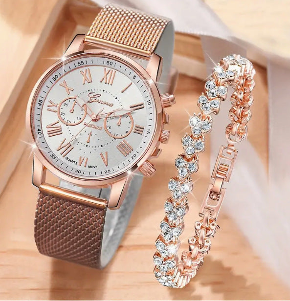 Cross border hot selling new fashionable three eyed women's plastic quartz watch+heart-shaped diamond inlaid bracelet set 2ps