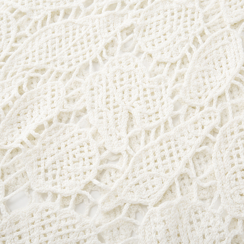 White sleeveless polo neck blouse, cotton blend, crochet-style knit with opening, high quality