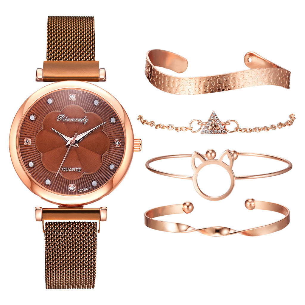 5pcs/set women's fashionable and simple mesh belt magnet quartz watch+bracelet set quartz watch