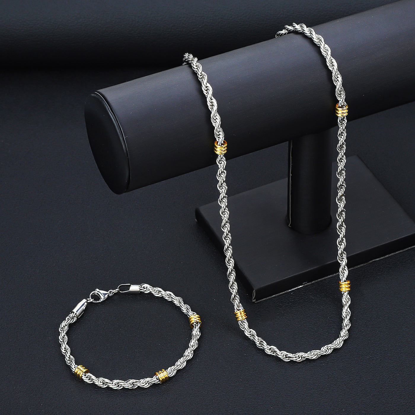 Cross border stainless steel Fried Dough Twists chain string gold bead necklace titanium steel long necklace men's simple 5.0mm Fried Dough Twists bracelet
