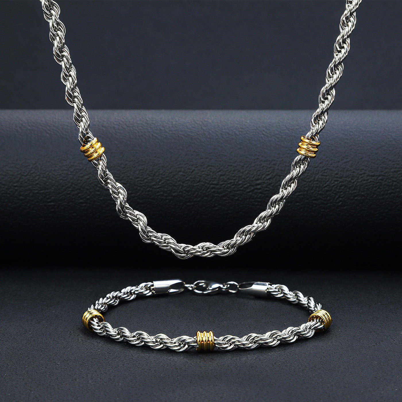 Cross border stainless steel Fried Dough Twists chain string gold bead necklace titanium steel long necklace men's simple 5.0mm Fried Dough Twists bracelet