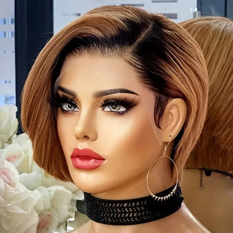 Cross border split bangs, short hair, slightly curled styling, fashionable lace and synthetic full head wig from Europe and America