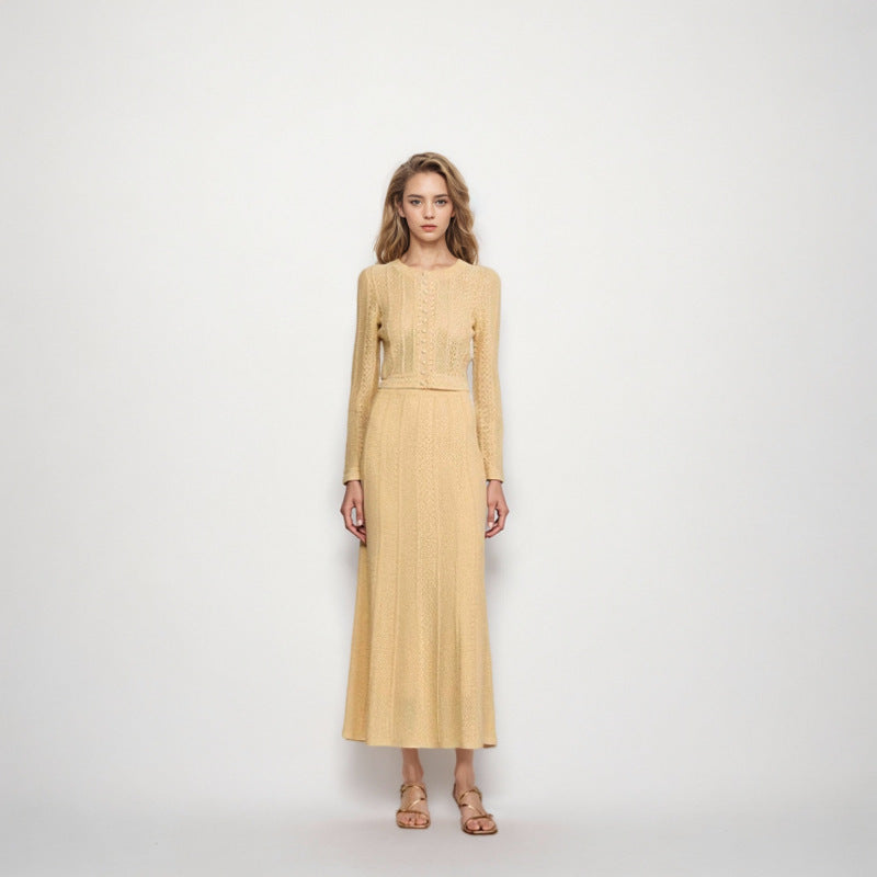 Knitted set with round neckline, long sleeves, buttons and drawstring, and high-quality long skirt