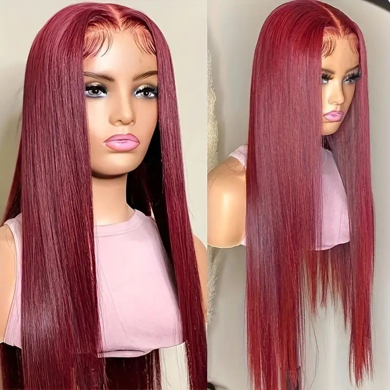 African Women's Hot Selling Lace Wine Red Mid Split Straight Hair Wig Full Headset Cross border Hot Selling Wig