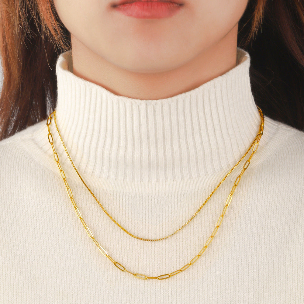 Cross border stainless steel double-layer layered necklace, paperclip chain, necklace box chain, collarbone chain, titanium steel necklace from Europe and America