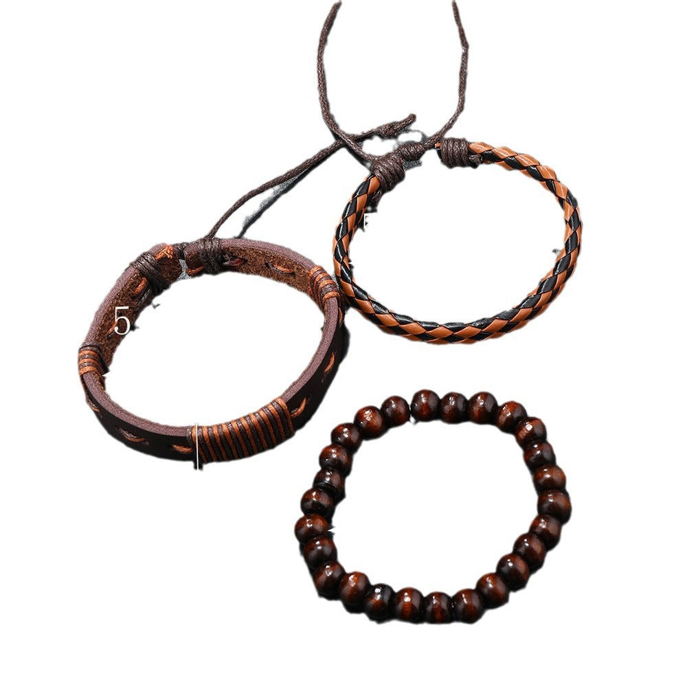 Men's quartz casual two eyed PU leather watch fashionable and versatile quartz business watch set+woven bracelet