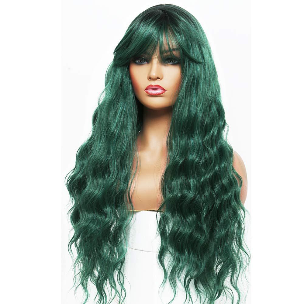 Foreign trade new wig European and American women's fashionable synthetic head cover green medium split long curly hair water ripple manufacturer