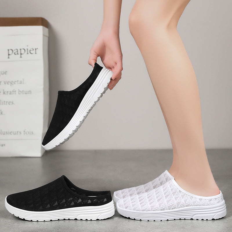Shoes for women's summer casual shoes, cross-border plus size breathable half drag fashion versatile women's single shoes, one foot kick toe toe cap slippers