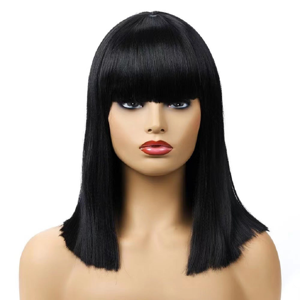 European and American wig with bangs, black short straight hair, synthetic high-temperature silk, rose mesh head cover manufacturer, spot wholesale